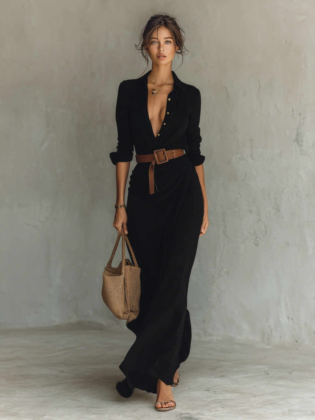 Abito Maxi Lungo con Collo a Revers Cintura inclusa