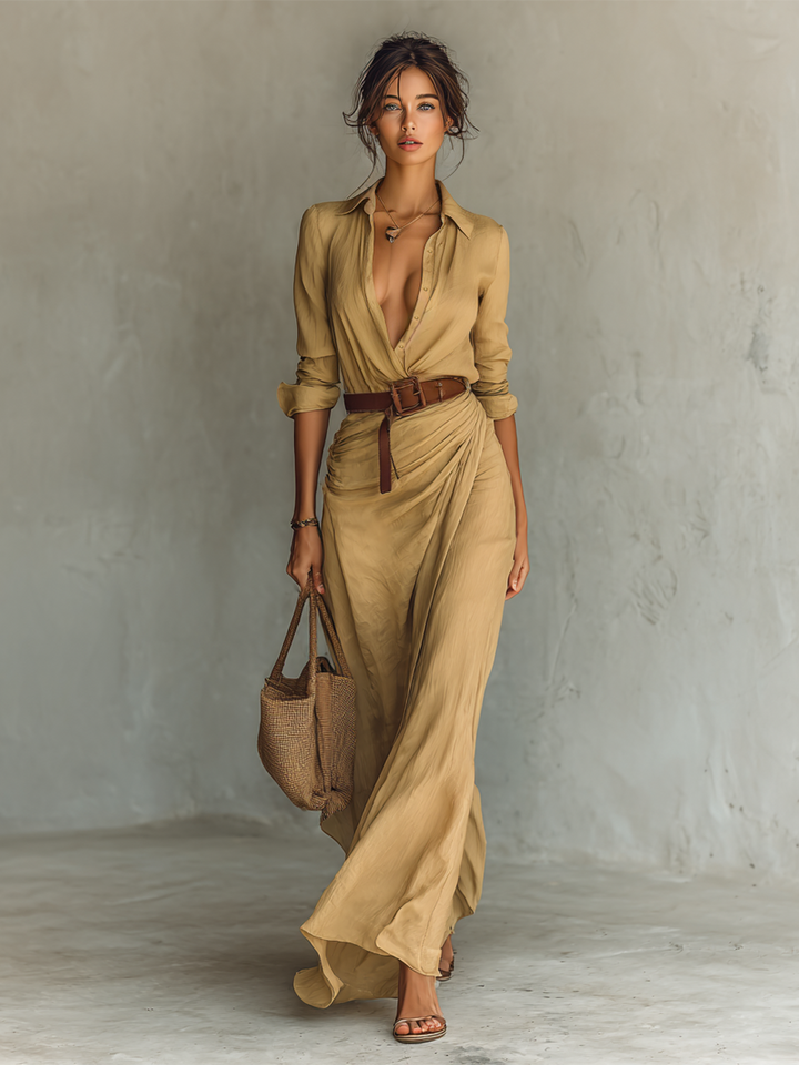 Abito Maxi Lungo con Collo a Revers Cintura inclusa