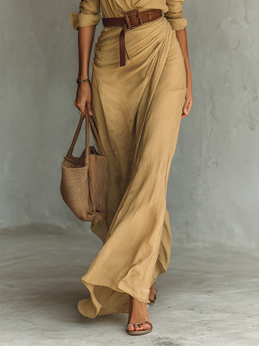 Abito Maxi Lungo con Collo a Revers Cintura inclusa